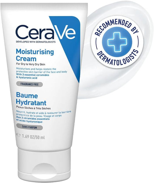 CeraVe Moisturizing Cream | 48H Body and Face Moisturizer for Dry to Very Dry Skin with Hyaluronic Acid and Ceramides | Fragrance Free | 1.69Oz, 50 ML