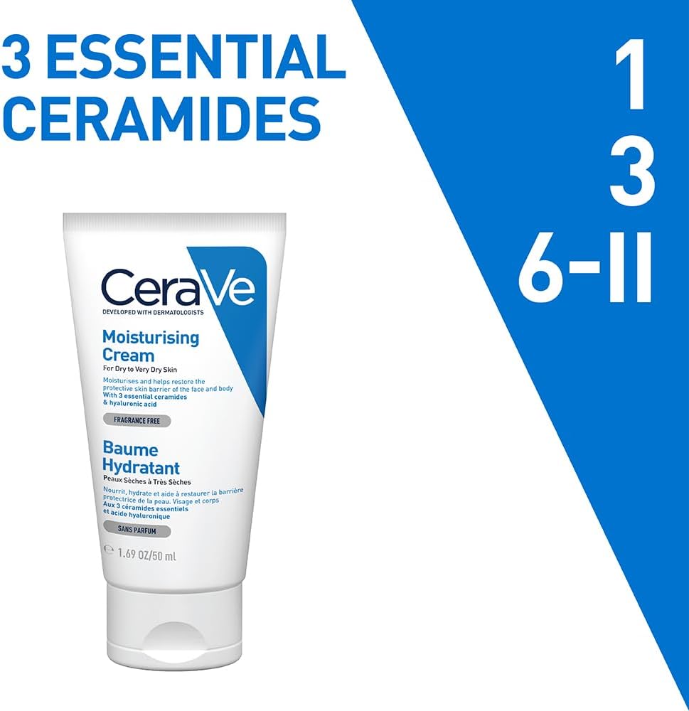 CeraVe Moisturizing Cream | 48H Body and Face Moisturizer for Dry to Very Dry Skin with Hyaluronic Acid and Ceramides | Fragrance Free | 1.69Oz, 50 ML