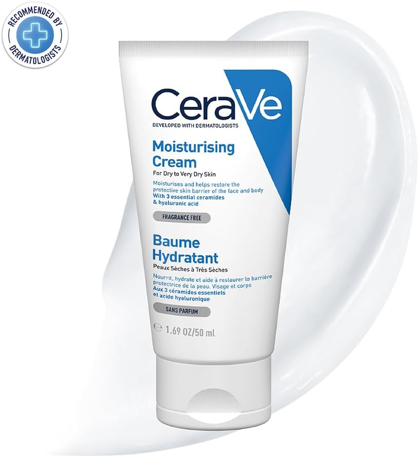 CeraVe Moisturizing Cream | 48H Body and Face Moisturizer for Dry to Very Dry Skin with Hyaluronic Acid and Ceramides | Fragrance Free | 1.69Oz, 50 ML