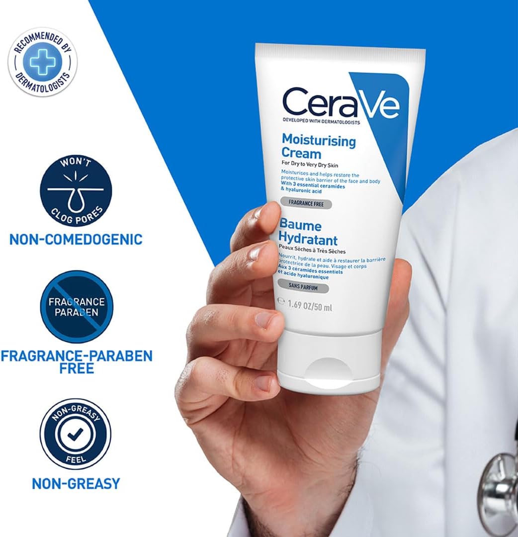 CeraVe Moisturizing Cream | 48H Body and Face Moisturizer for Dry to Very Dry Skin with Hyaluronic Acid and Ceramides | Fragrance Free | 1.69Oz, 50 ML