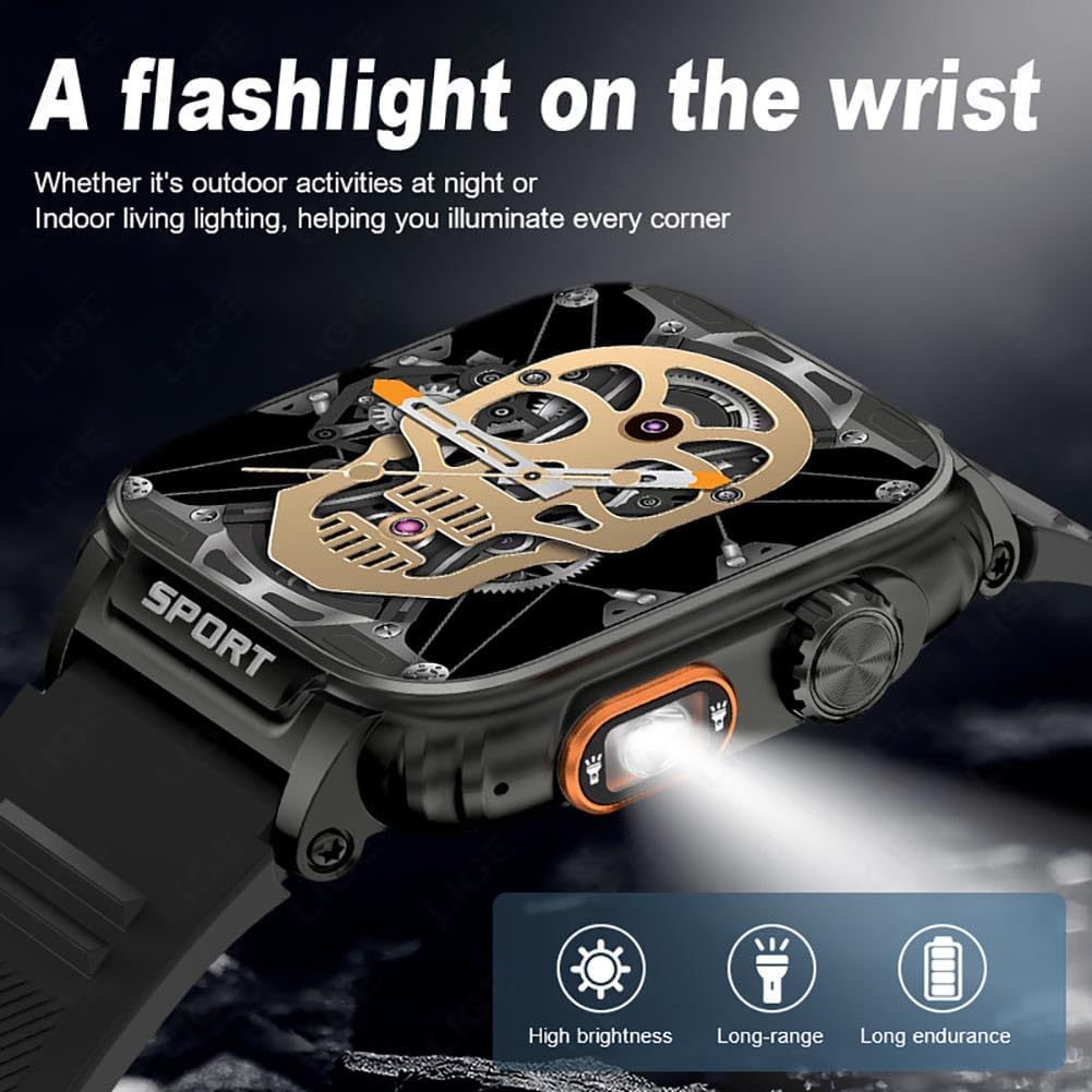 Military Smart Watches for Men(Answer/Make Calls) with LED Flashlight 6-8M,430mAh Extra Long Life Battery,1.91’’ HD Display Heart Rate/Sleep Monitor 5ATM Waterproof Sports Smartwatch for Android iOS