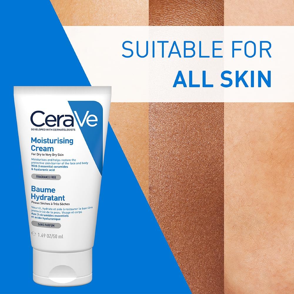 CeraVe Moisturizing Cream | 48H Body and Face Moisturizer for Dry to Very Dry Skin with Hyaluronic Acid and Ceramides | Fragrance Free | 1.69Oz, 50 ML